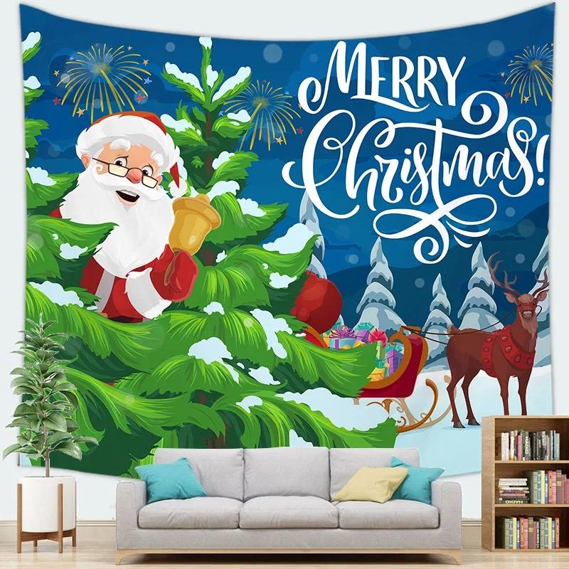 Cartoon Santa Claus Pattern Tapestry Home Bedroom Living Room Wall Decoration Christmas Theme Tapestry