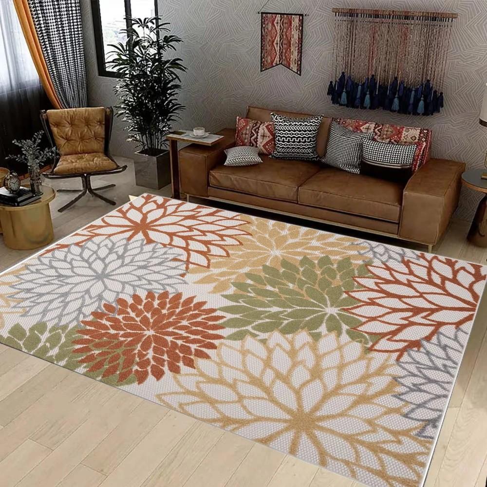 Non-slip Washable Outdoor Rug Tropical Botanical Waterproof for Patio Deck Backyard Decor