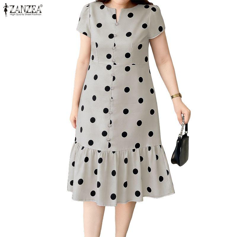 ZANZEA Women Casual V-Neck Short Sleeve Summer Polka Dot Print Dress