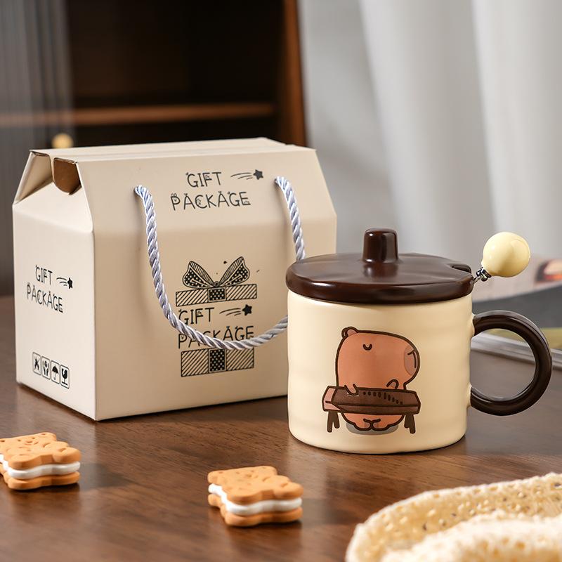 Cute Capybara Ceramic Coffee Mug Vintage Series Cartoon Print Water Cup + Lid Set Home Cafe Afternoon Teacups Friend Gift