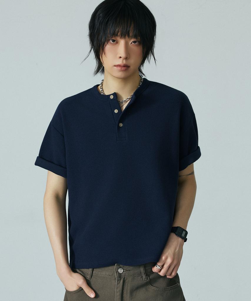 LXT Waffle Henley Neck Crop Short Sleeve T-Shirt [Navy]