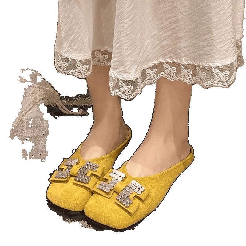 Fashion Metal Square Toe Flats Women's Slippers Ladies Sandals New Fashion Slides On Sale Chic Elegant Low Price Shoes Promotion Mules