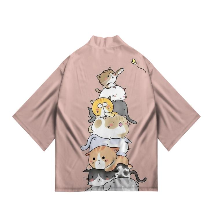 New Women's Cute Kitten Digital Print Summer Seven Sleeve Kimono Cardigan Japanese Kimono