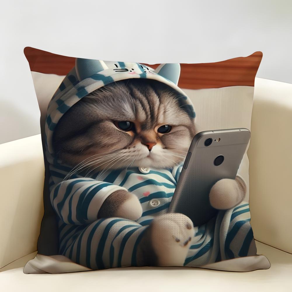 Cute Cat Holding Phone Cushion Cover Natural Linen Organic Fabric DoubleSided Printing Room Sofa Decor Pillow Case
