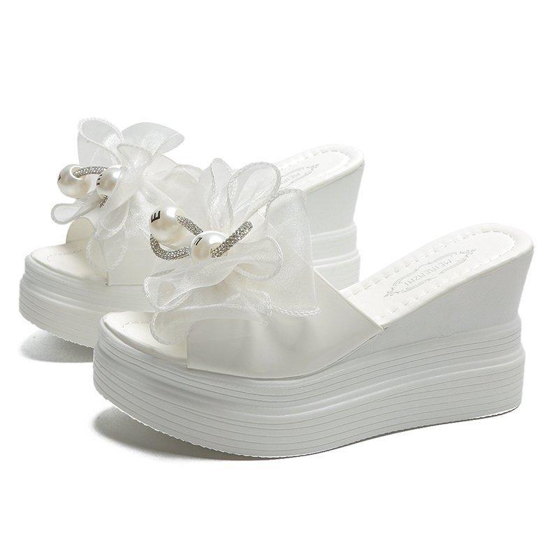 

Fish mouth slope heel cool slippers women s spring summer fashion beaded bow word muffin thick-bottomed slippers 40 белый
