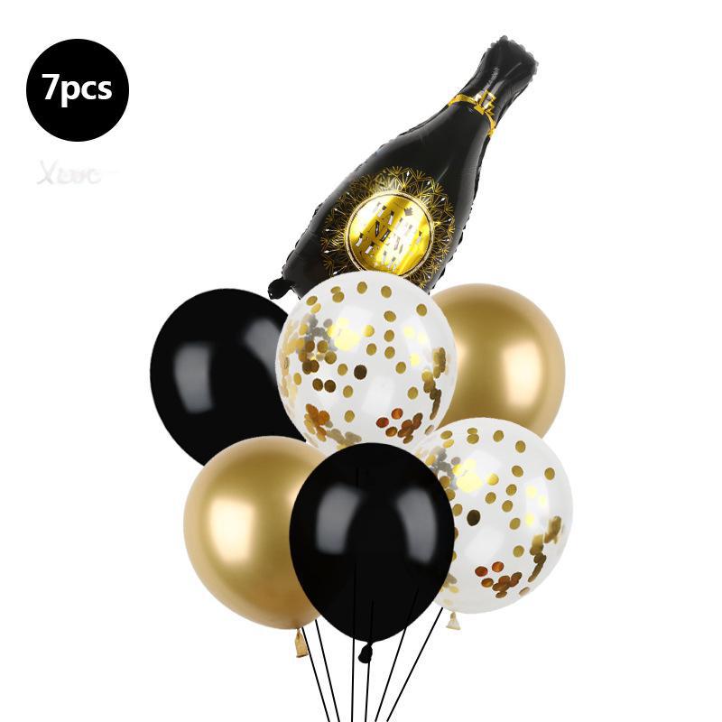 7-Piece Black Gold Sequins Happy New Year Happy New Year Theme Latex Aluminum Film Lift-Off Balloon Combination