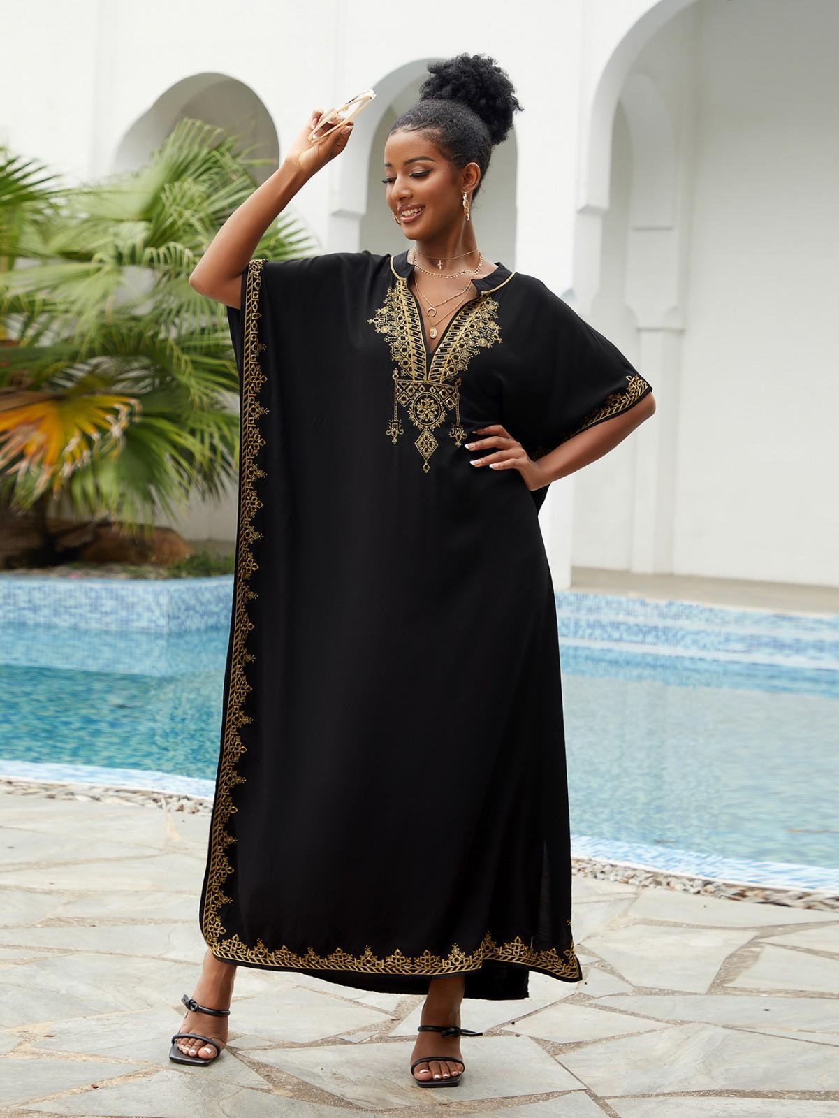 

Women s Loose Fit Casual Vacation Beach Cover Up Kaftan with Stand Collar Embroidered Detail Long Sleeve Maxi Dress чёрный