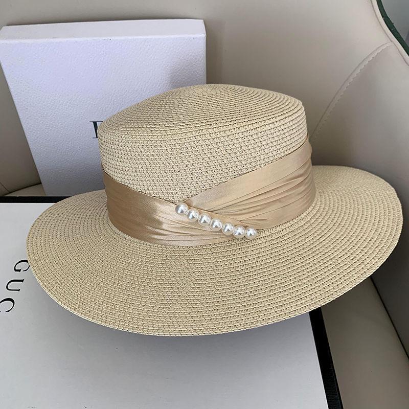 Grass Sun Hat - Anti-UV Flat Top with Faux Pearl Detail, Elegant Commuter Style Outdoor Sun Protection, Versatile and Breathable