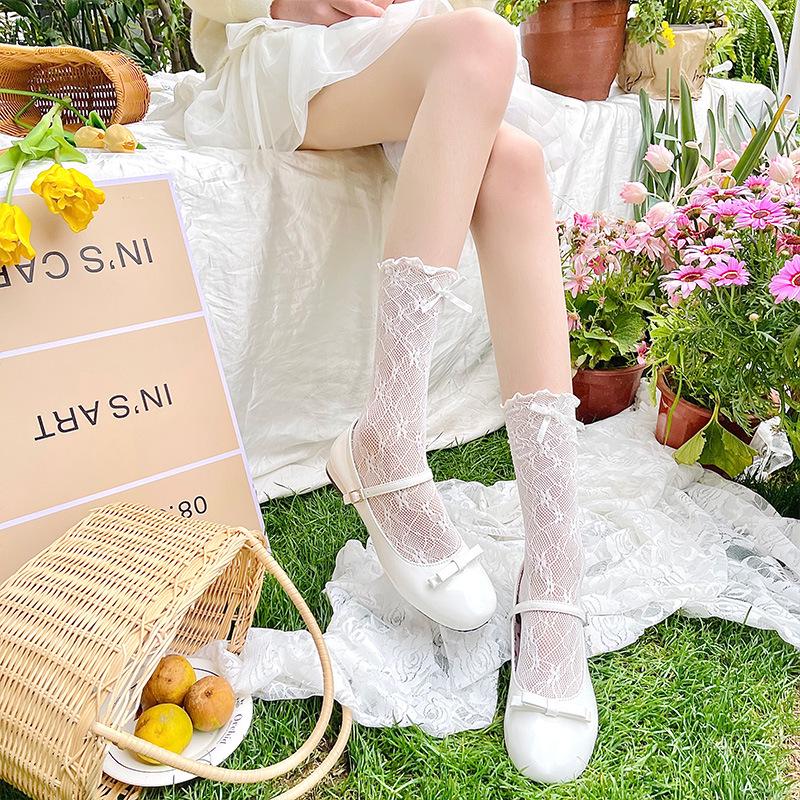 Korean Style Lace Bowknot Fishnet Calf Socks - Thin Hollow Garter Scrunch for Women