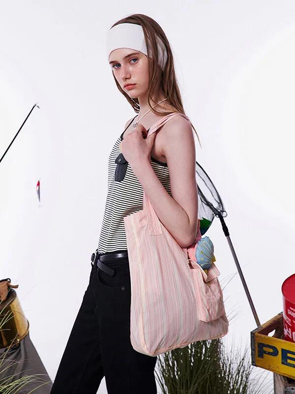 Striped Big Shoulder Bag [Pink]