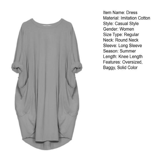 Spring Summer Dress Oversized Knee Length Long Sleeves Pure Color Round Neck Baggy Midi Dress for Daily Wear Dating Travel