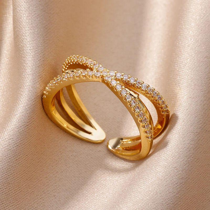 Vintage Geometric Zircon Rings for Women Stainless Steel Gold Color Punk Open Finger Ring Aesthetic Wedding Jewelry Bague Femme