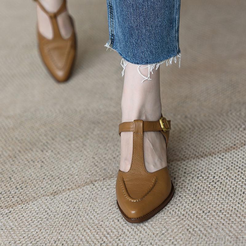 

Жіноче літнє взуття на грубому каблуці з м яким французьким середнім каблуком, задня частина порожньої сумки, голова, T-ремінь, повсякденне жіноче взуття, водонепроникне 38 коричневий