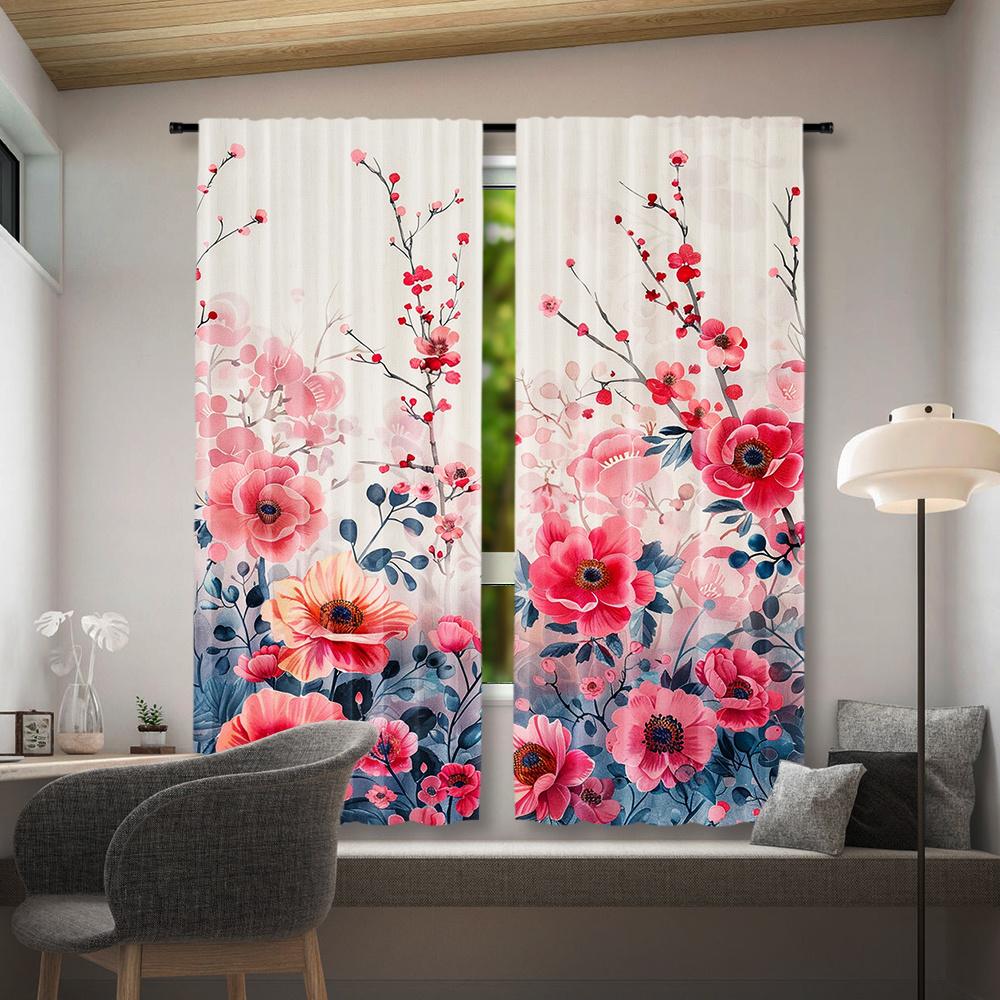 2pcs Floral Bouquet Curtains   Rod Pocket Mount   Vibrant Digital Printed Polyester   Semi-Transparent for Living Room   Bedroom   Ki