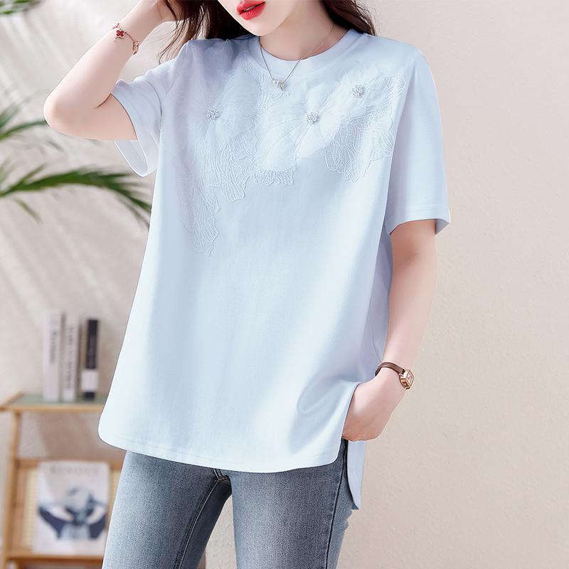 Dimanaf 2025 Summer Women Plus Size Basic T-Shirt Vintage Fashion Casual Loose Flower Lace Tops Tees Oversized