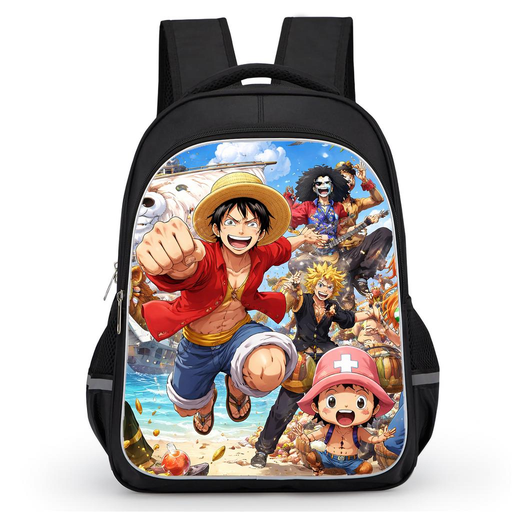 16 Inch Black Cartoon One Piece Backpack Mochila, Light Weight Unisex School Backpack Travel Daypack for Boys Girls Age 6-10