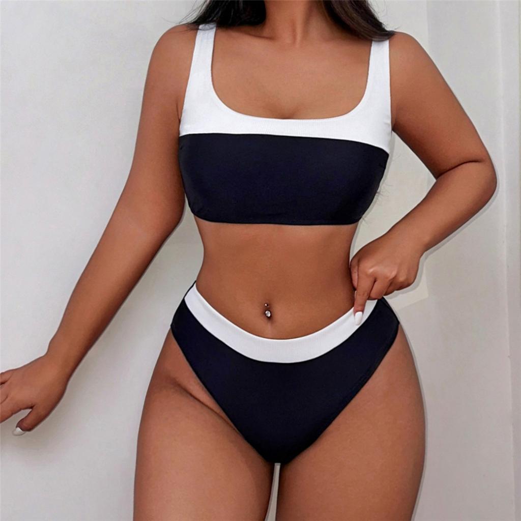 Sexy Splicing Mid Waist High Leg Cut Bikini Female Swimsuit Women Swimwear Two-pieces Bikini set Bather Bathing Suit Swim V5879