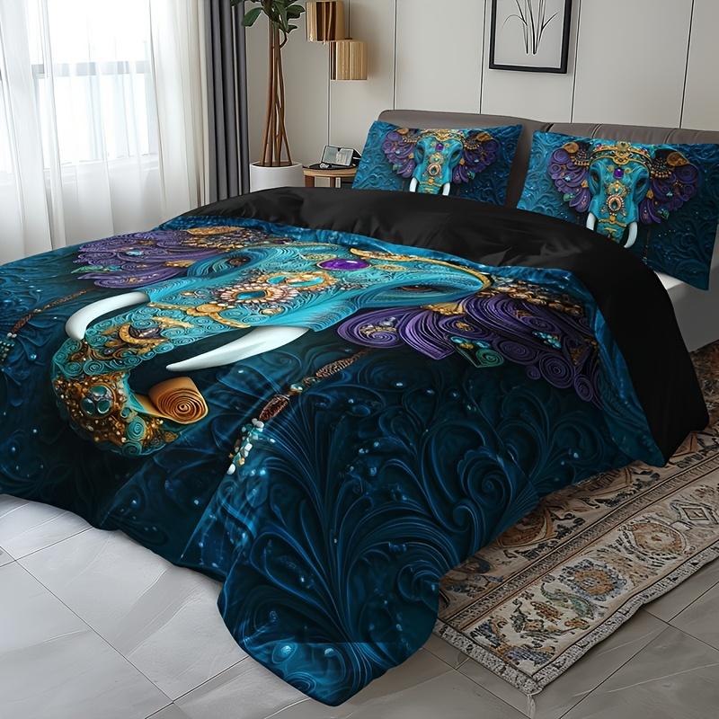 Ethnic Style Tribal Retro Elephant Print Quilt Cover Set Quilt Cover+2 Pillowcases High-Definition Printing For Home All Seasons