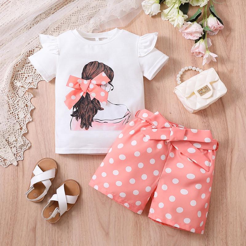 Girls' Summer Two-Piece Set: Short Sleeve Top & Shorts, Casual Sport Style, Lightweight and Printed for Kids and Babies.