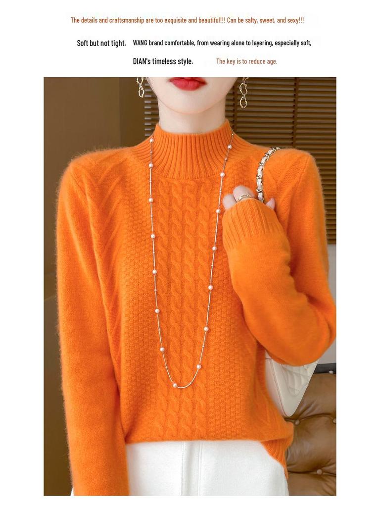 2025 Women's Wool Jacquard Pullover: Cozy Half-High Neck Sweater with Long Sleeves and Age-Reducing Design.
