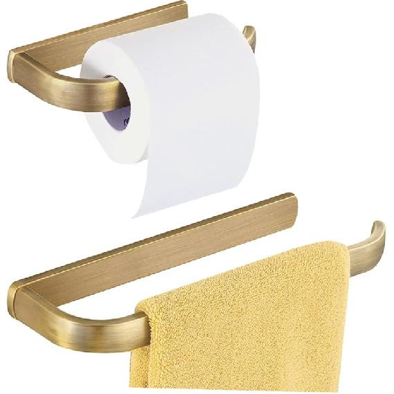 BigBig Home Antique Toilet Paper Holder Set, Brushed Brass Towel Holder for Bathroom, Rustic Towel Ring Wall Mounted Vintage