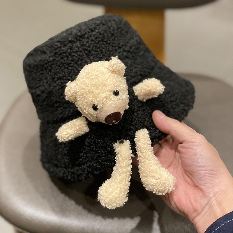 

Шапка женская осенне-зимняя универсальная из овечьей шерсти, панама-ведро с милым милым милым теплым беретом с мишкой M（56-58cm）