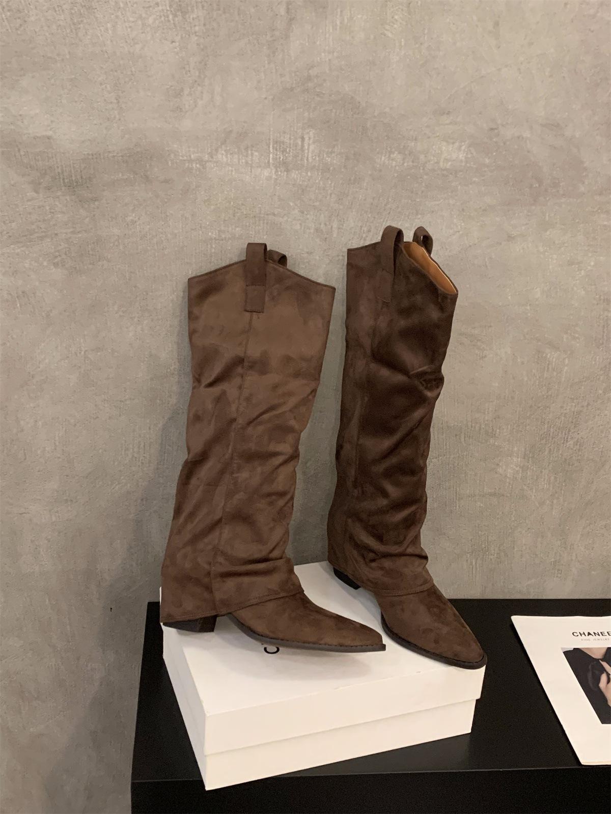 

High Heel Pointed Brown Maillard Pile Boots Women s Shoes 2025 Spring Autumn Winter V-mouth Skinny Boots 42