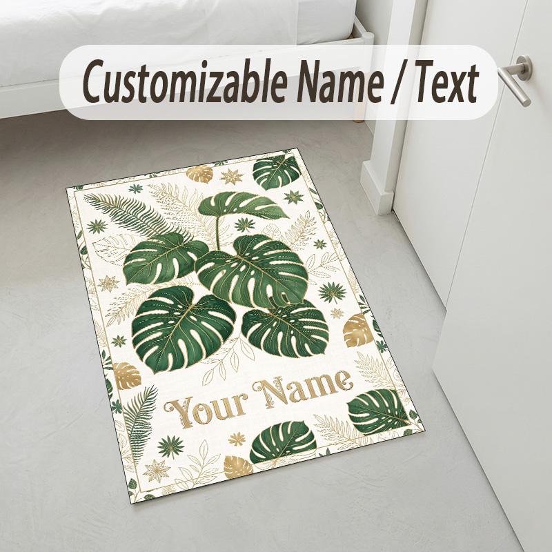 Tropical Leaves Theme Soft Crystal Velvet Rug Custom Name & Text Print Non Slip Floor Rug for Bedroom Living Room