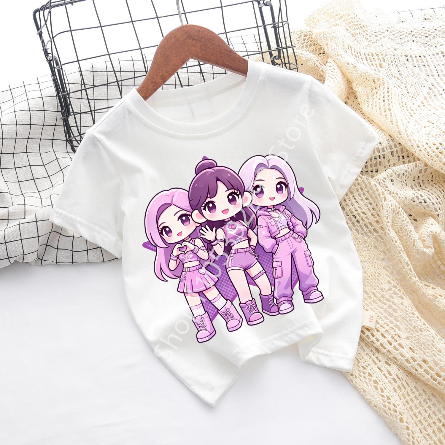 Girls KPOP Idol Group Print Short Sleeve Boys and Girls TShirt Cute Cartoon Graphic Tee Kids Summer Casual Top 100
