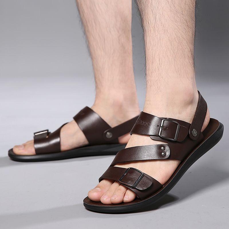 Men Black Leather Sandals Summer Brown Outdoor Hiking Sandals Wide Head Beach Shoes for Father Over Sized