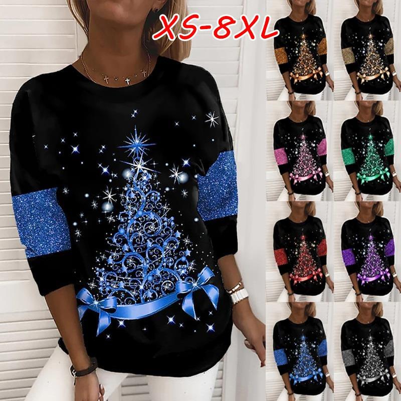 XS-8XL Women's T Shirt Tee Snowflake Sparkly Christmas Tree Christmas Weekend Painting Tee Long Sleeve Print Round Neck Basic