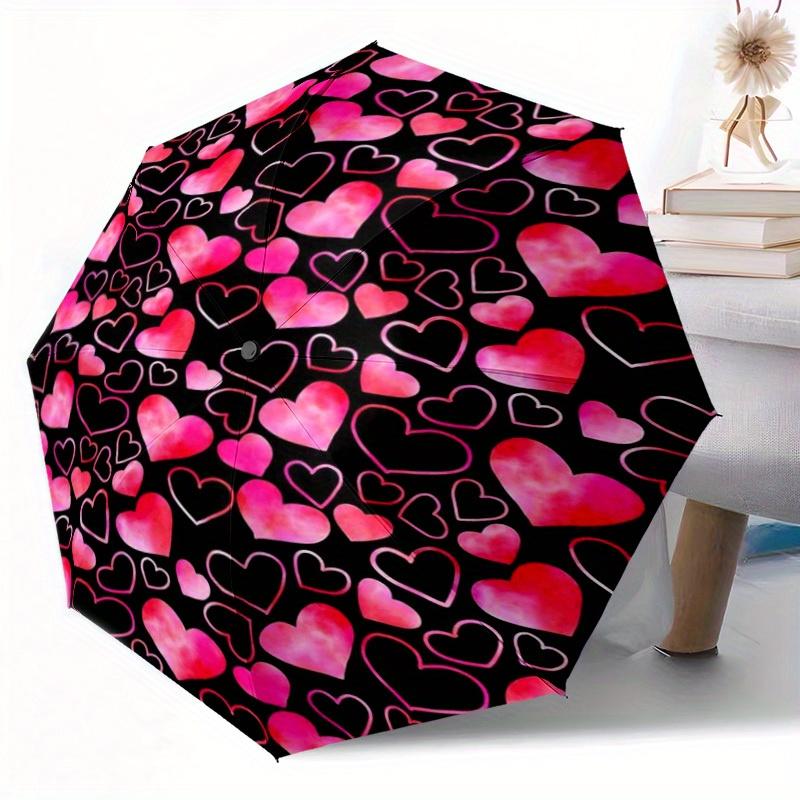 1pc Automatic Open/Close Umbrella with 8-Rib Windproof Design & Heart Print -  & Black Heart Pattern with Heart Cutouts, Compa