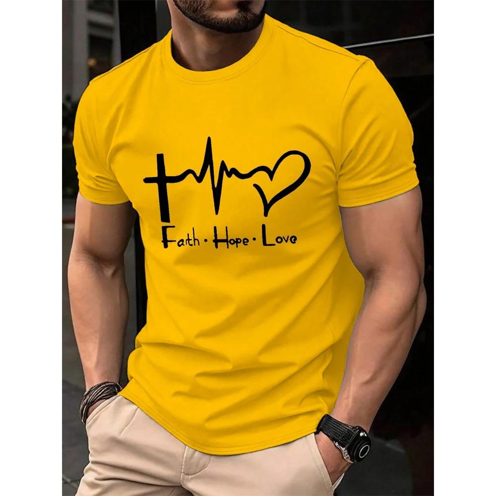 Men's Summer Fashion Casual Loose Plus Size Faith Hope Love Print Sports Round Neck Short Sleeved T-shirt Top
