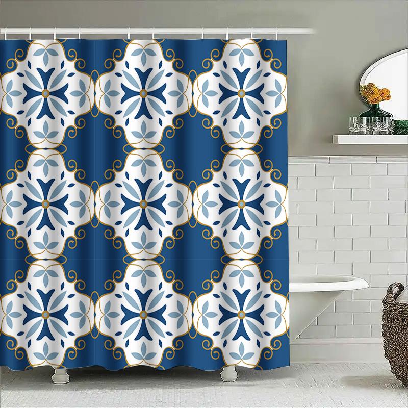 Blue White Ceramic Tile Pattern Shower Curtain Waterproof Bath Decor Home Decoration For Bathroom Accessories Set In Kitchen Din
