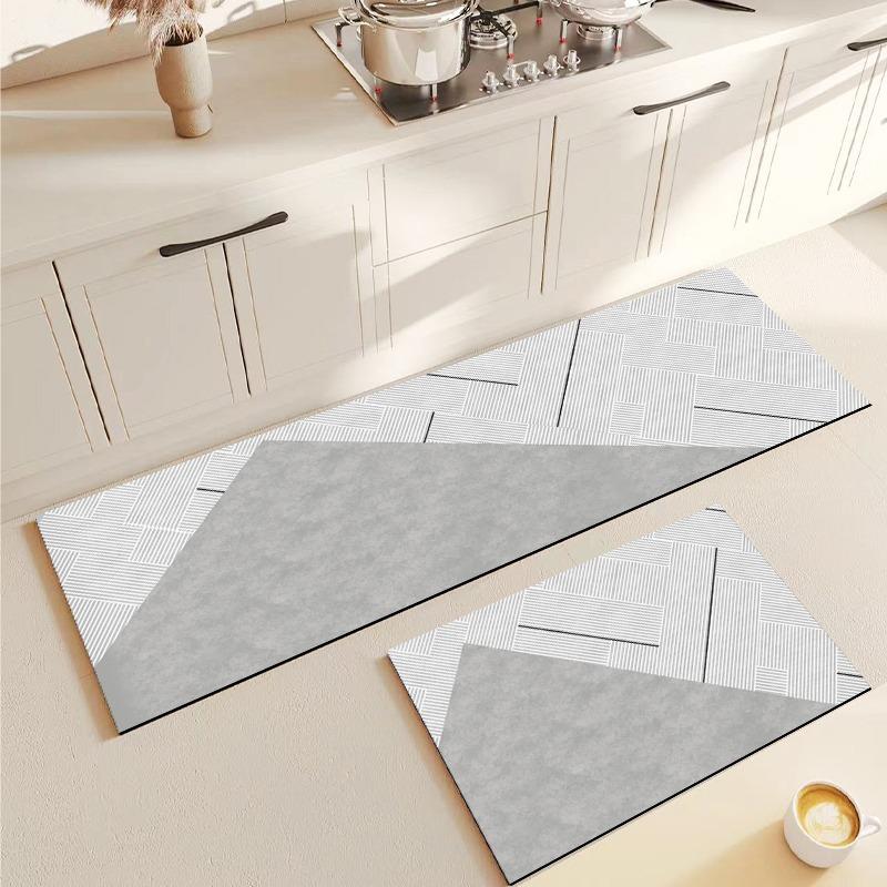 Kitchen Floor Mat Anti-slip Oil-proof Carpet Pvc Leather Foot Mats Gray Geometric Long Strip Rug Modern Style Home Decor Rugs