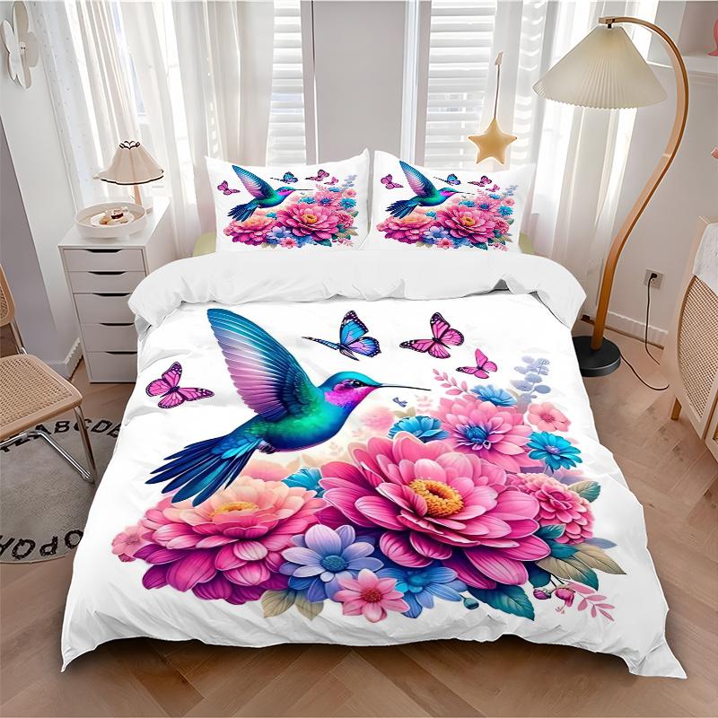 3pcs Hummingbird with Vibrant Blue Wings Quilt Cover Set (1 Quilt Cover + 2 Pillowcases Without Pillow Core), High-Definition Printing for Home a