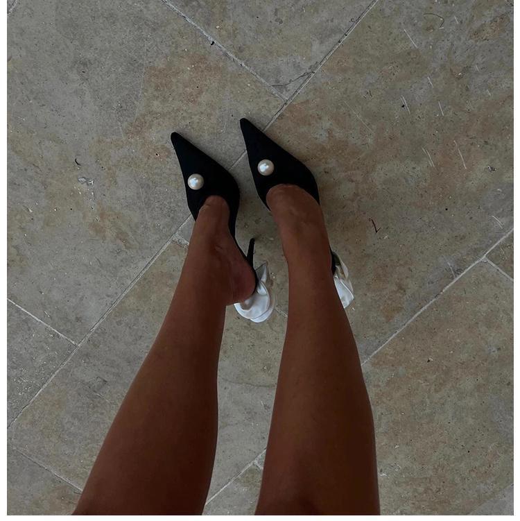High Heels 2025 New Pointed Head Light Mouth Pearl Flower Muller Shoes Stiletto Black Satin Elegant Cool Slippers