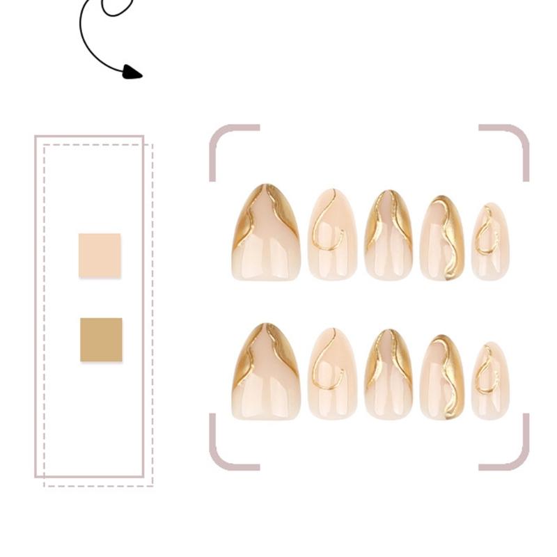 24 Stück Mandel-Press-On-Nägel Kurze Falsche Nägel Vollabdeckung Glänzend Acryl Mit Goldlinien-Designs Nagelzubehör