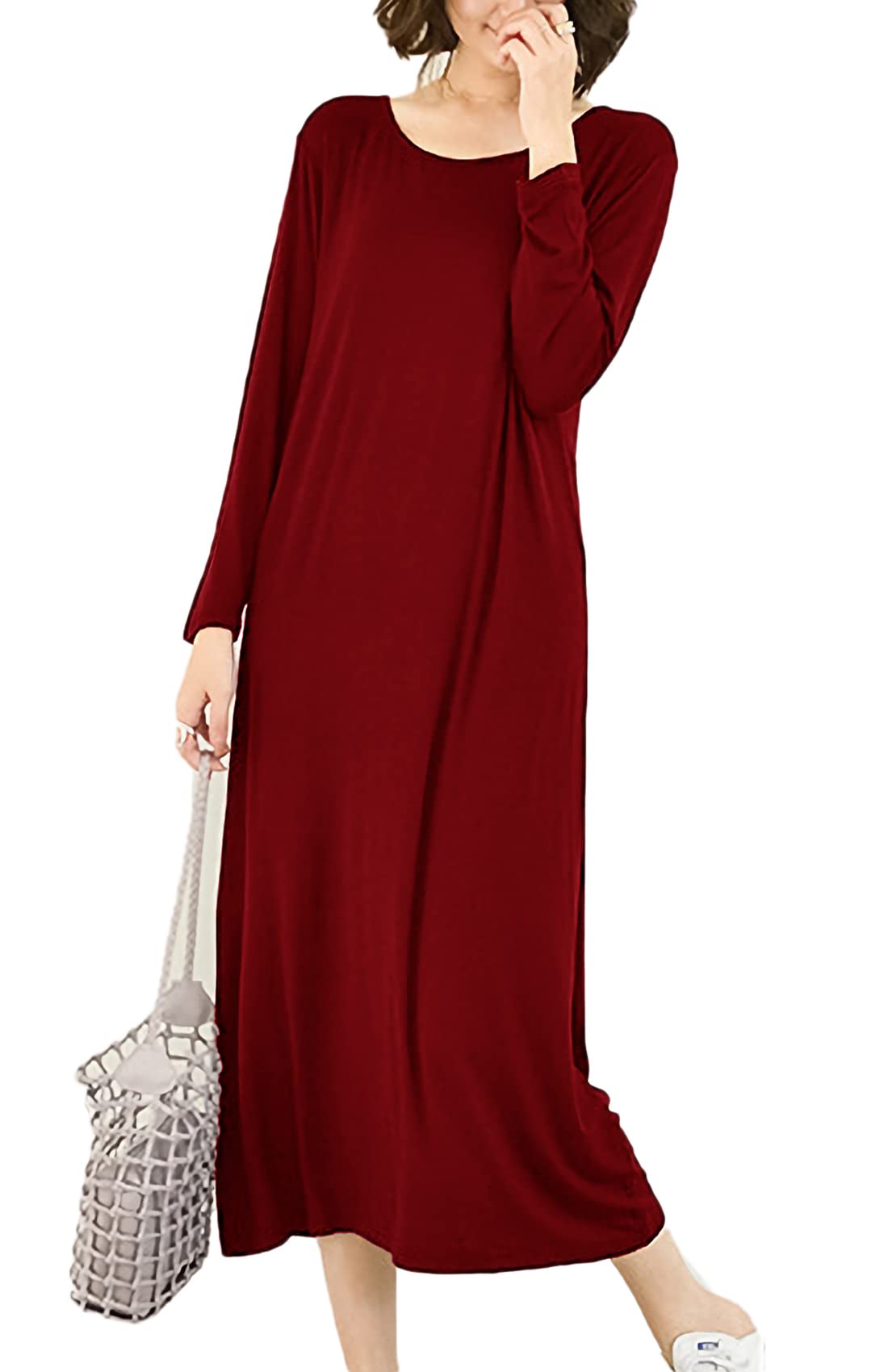 

Azulte Maxi Long Solid Size Red Women s Dress, Sleeve, Color, Loungewear, Pajamas, One-Mile Wear, T-Shirt Dress, Red, 102, L,