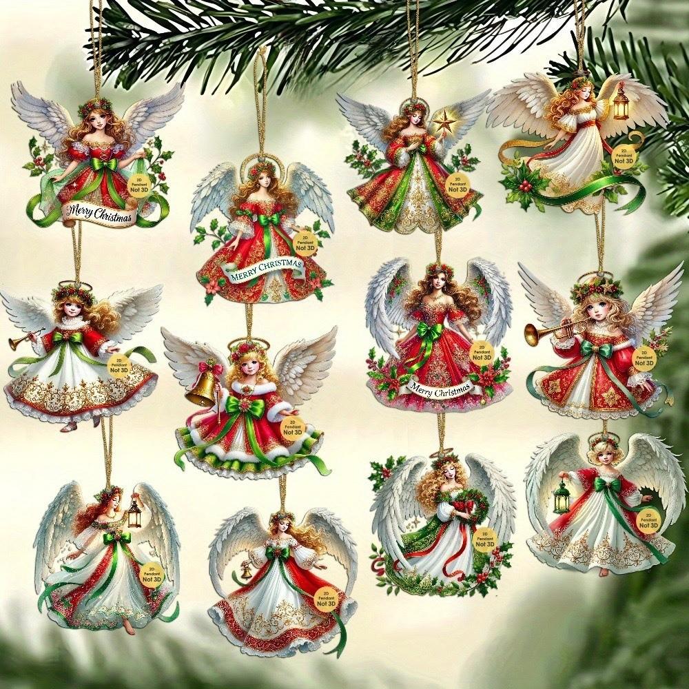 12Pcs Wooden Victoria Angel Ornament Set Handcrafted Christmas Decorations New Xmas Tree Pendant