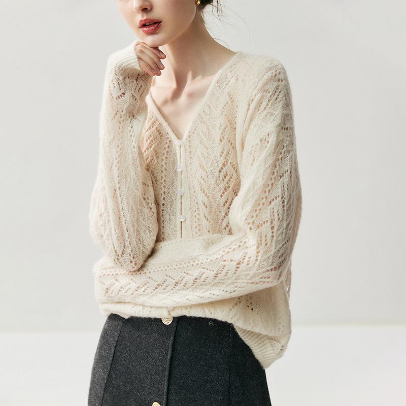Women's V-Neck Hollowed Cashmere Cardigan - Loose Fit Autumn 2025 Cover-Up Pullover