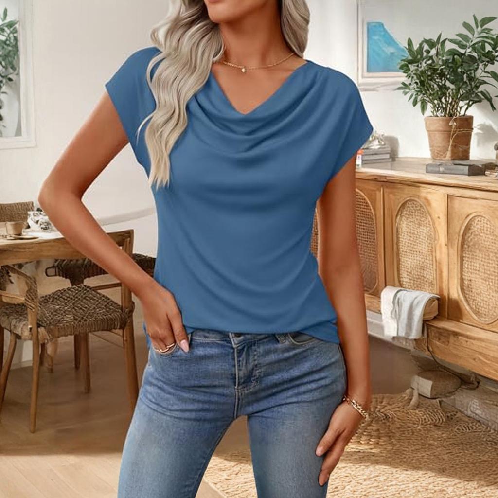 Women's Summer Business Casual Cowl Neck Knit Short Sleeve Tops