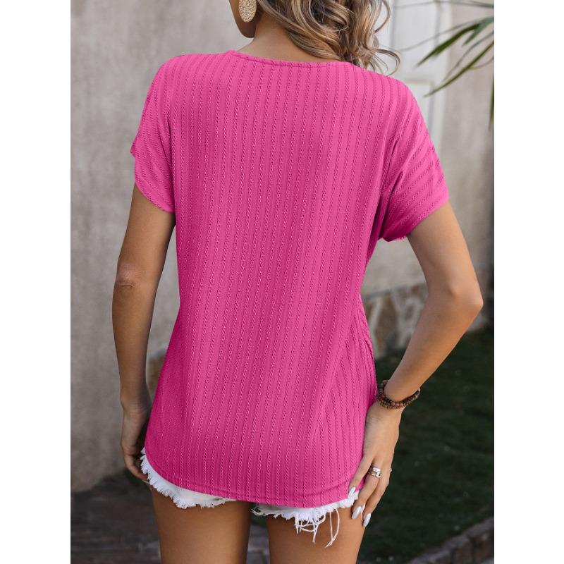 Textured V-neck Short Sleeve Top Women's T-shirts