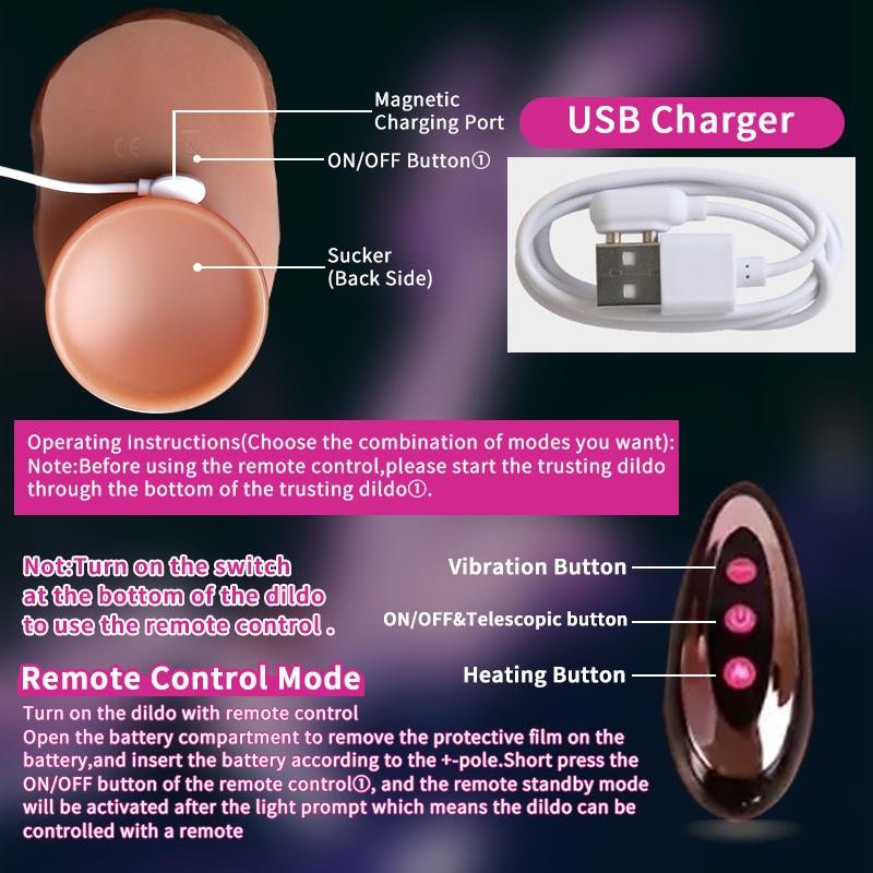 4-in-1 Simulated Testicles + Tongue + Penis 360° Rotation 10 Vibration Modes Remote Control Auto-Heating  Realistic Electric Dildo