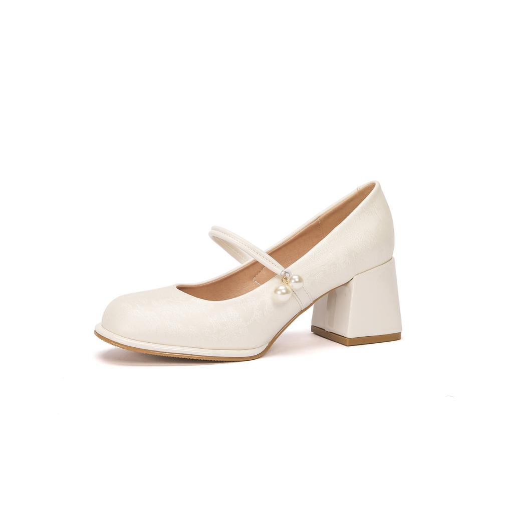 Coarse Heel Mary Jane Single Shoes Women's Round Head Pearl Single Shoes Student Light Mouth Pink Women's Shoes