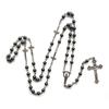 Long Black Gallstone Rosary Necklace Vintage Crucifix Pendant Chain Cross Chain Christian