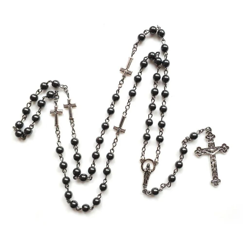 Long Cross Chain Vintage Crucifix Pendant Chain Black Gallstone Rosary Necklace  Women