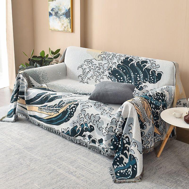 Textile City Japanese Simple Style Wave Home Cloth Sofa Blanket Dust Cover Jumbo Size Double Sofa Cushion Camping Picnic Cloth