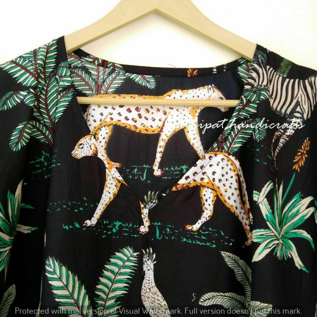 Indian Black Long Animal Print Cotton Hippie Maxi Women Nightwear Caftan Dress CKFTN-SCRN-FULL-BUYIT-030