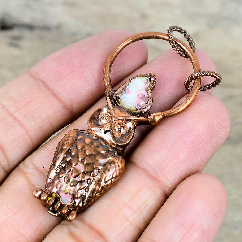 Ethiopian opal pendant electroformed copper pendant handmade jewelry gemstone pendant owl design pendant electroformed jewelry gifts for him